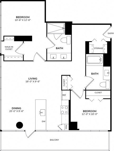 A black and white image of a floor plan for a home with a living room, dining room, two bedrooms, a bathroom, a walk-in closet, and storage.